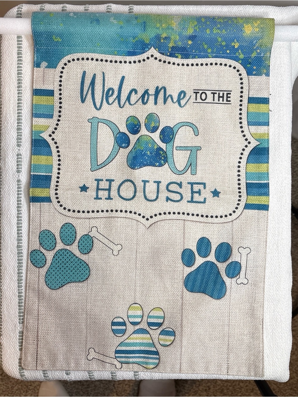 Welcome to the Dog House Decorative yard flag - Blue & Teal Paw Print